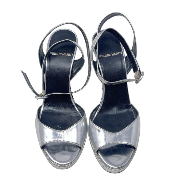 Pierre Hardy Size 38 Silver Peep-Toe Platform Heel Sandals Adjustable Straps - Picture 6 of 7